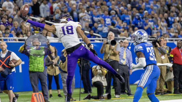 Detroit Lions cornerback in coverage against Minnesota Vikings wideout Justin Jefferson